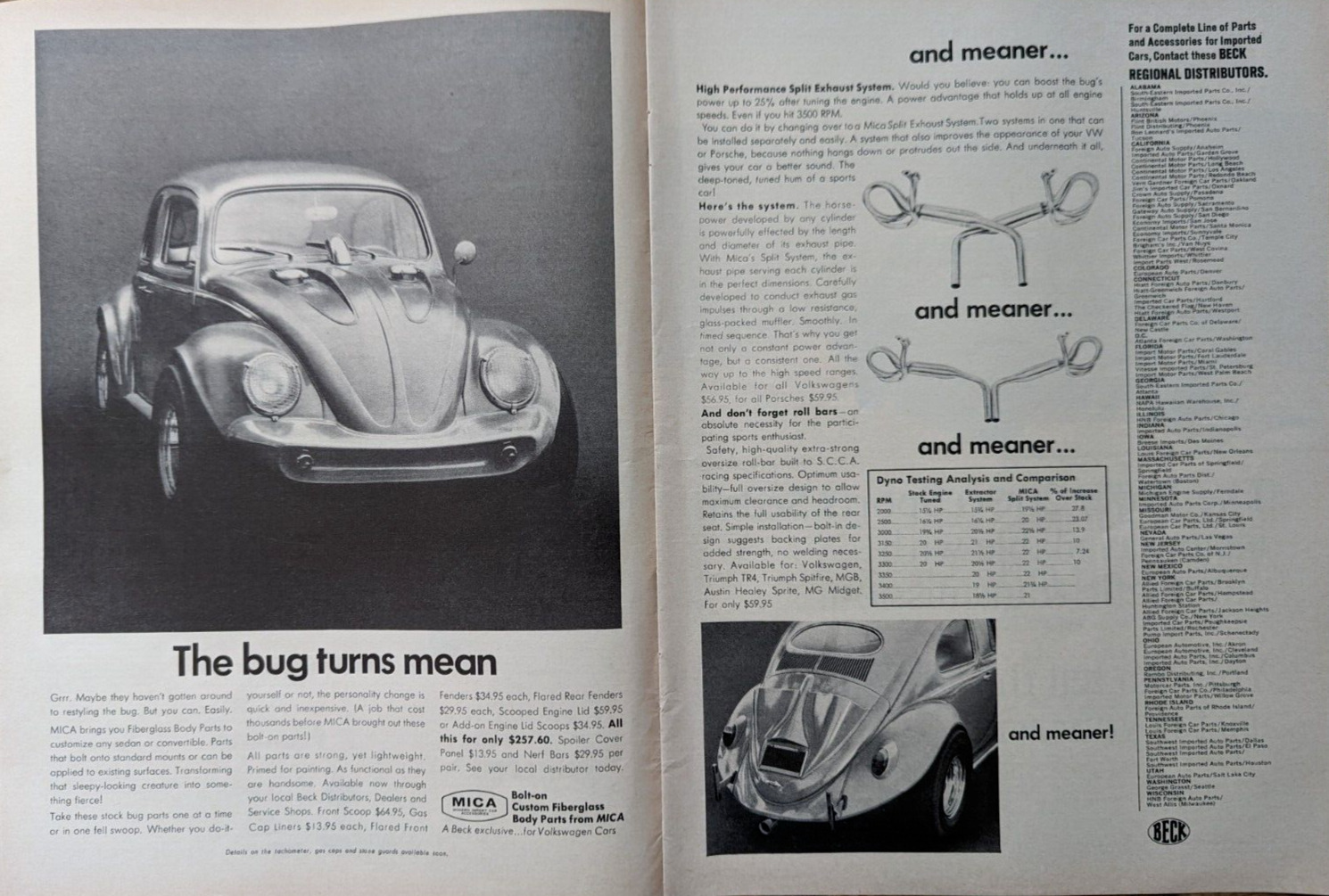 1967 Volkswagen VW Beetle Bug Turns Mean & Meaner Beck Mica Vintage Print Ad