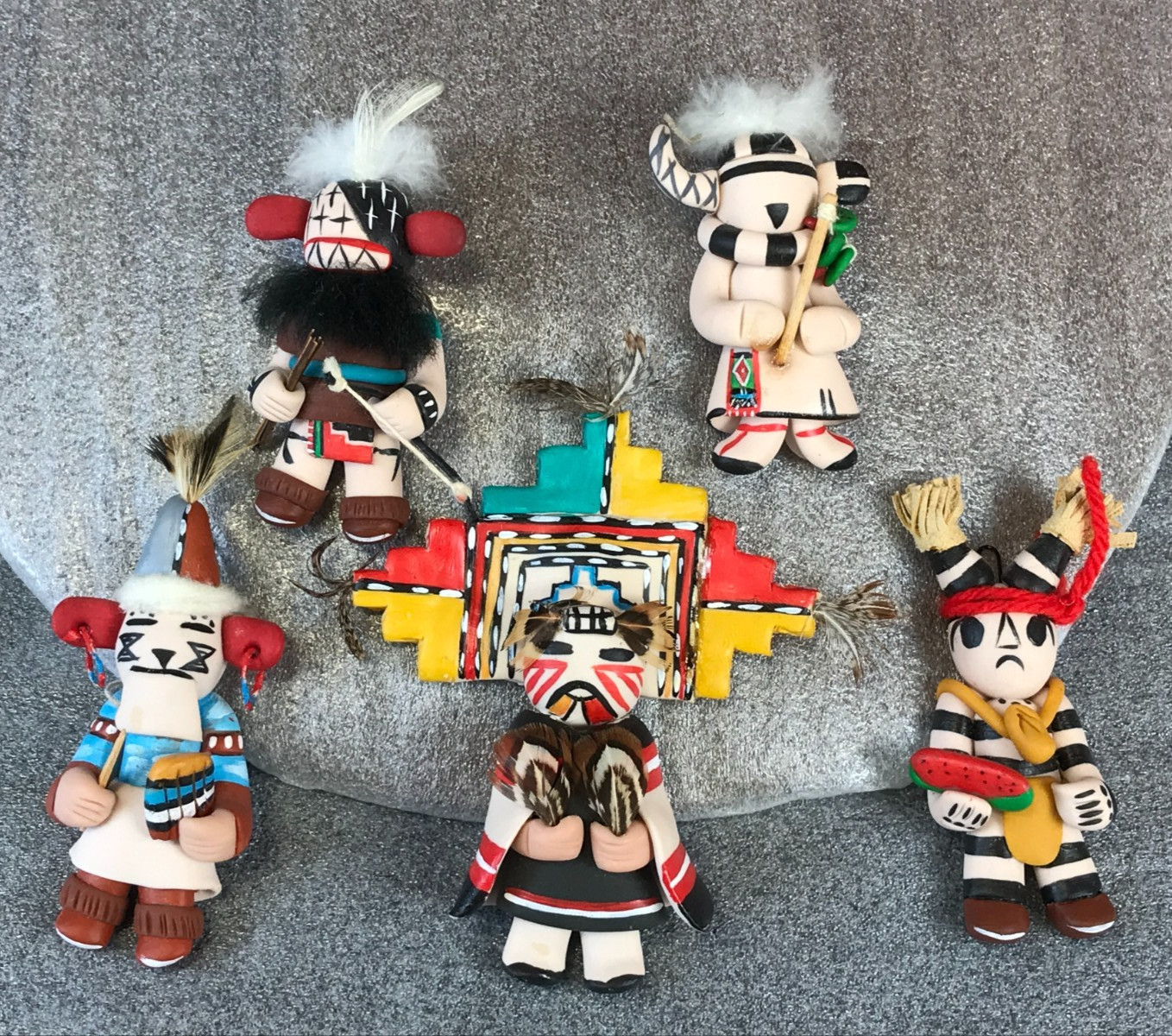 5 JEMEZ Poly Clay Kachina Hopi CLOWN WARRIOR Koshane Ornaments Signed Elsie '95