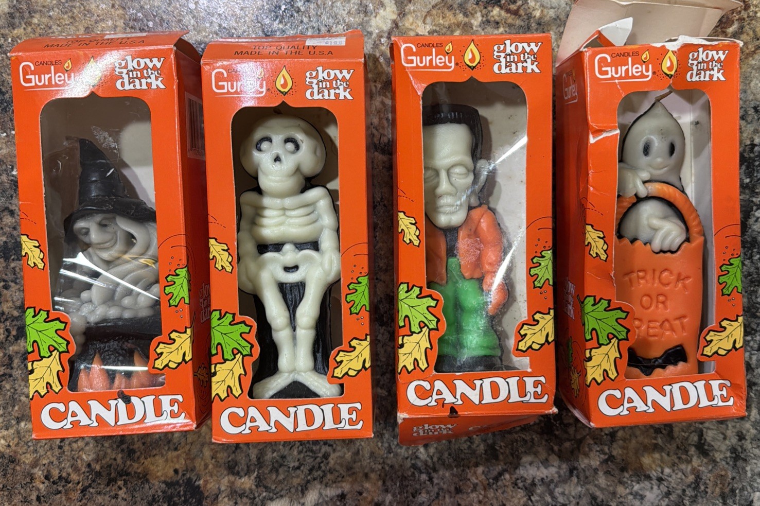 VINTAGE GURLEY GLOW IN THE DARK HALLOWEEN SET Of 4 Candles In Boxes-Made in USA