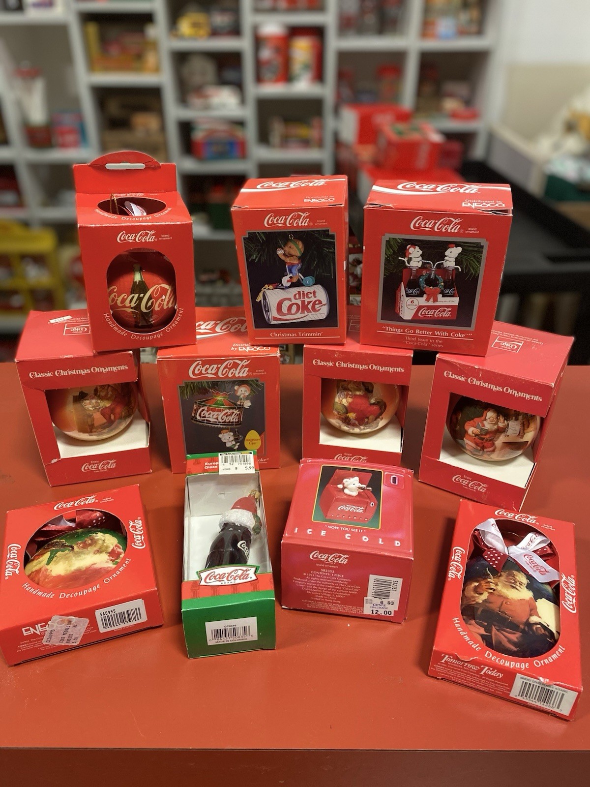 Lot of 11 Vintage 1990s Enesco Coca-Cola Christmas Ornaments New In Boxes Lot of 11 Vintage 1990s Enesco Coca-Cola Christmas Ornaments New In Boxes