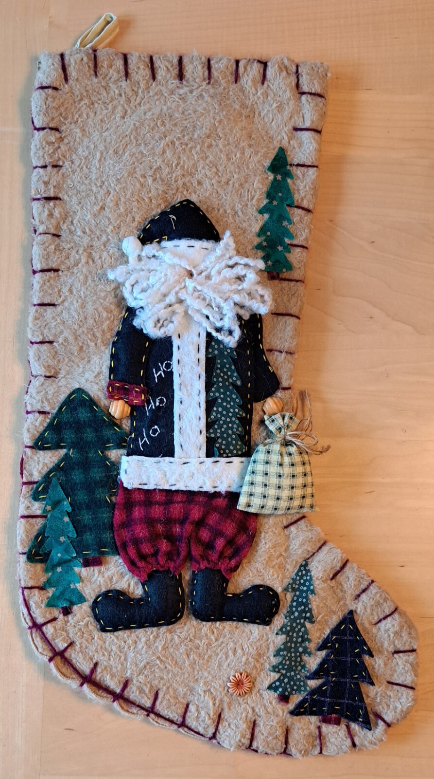 Vintage Handmade Primitive Folk Art Santa Christmas Stocking