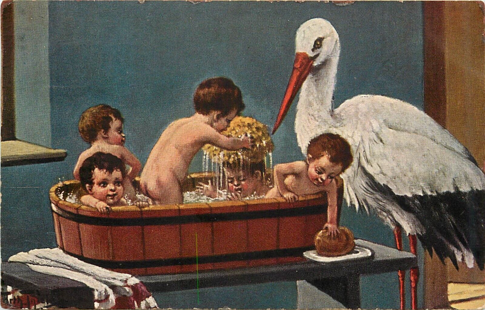 A/S Arthur Thiele Postcard~ Stork Helps Babies Take a Bath, Posted 1911, TSN 840