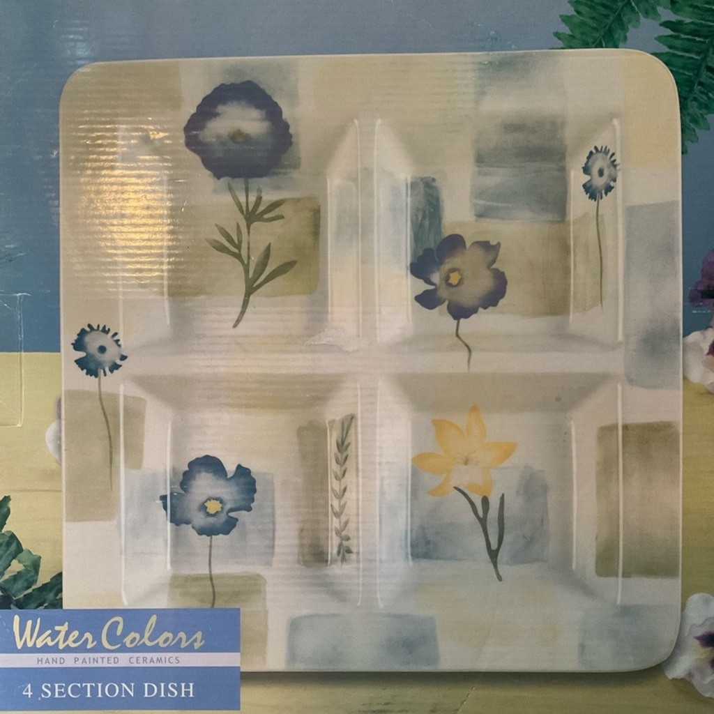 Water Colors Hand Painted 4 Section Dish. New in box.