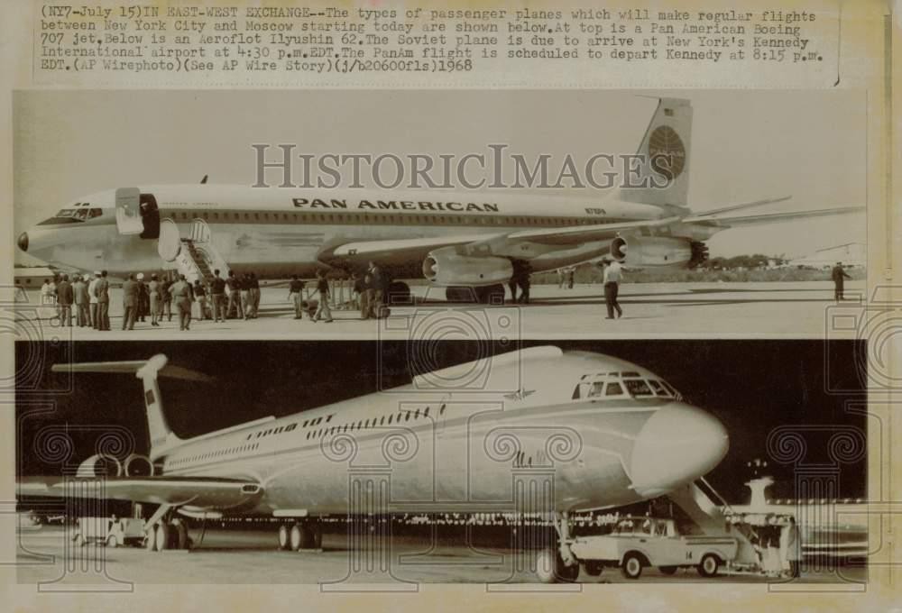 1968 Press Photo Pan American Boeing 707 Jet & Aeroflot Ilyushin 62 Planes
