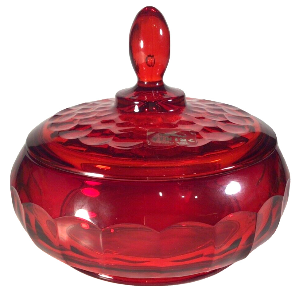 VIKING GLASS CANDY DISH RUBY RED GEORGIAN HONEYCOMB 1960\'S-70\'S