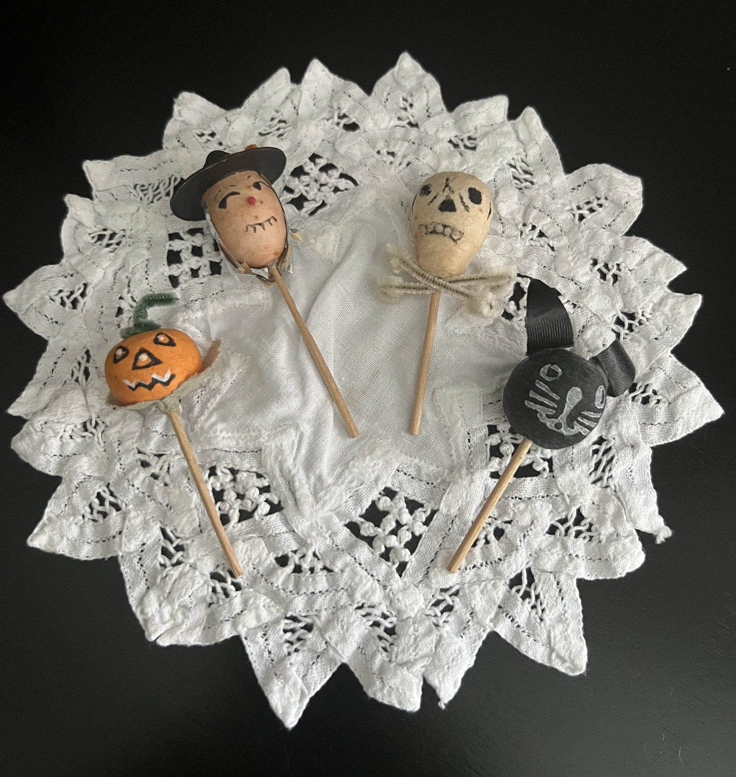 4 Vintage Japan Halloween Spun Cotton Cupcake Picks Pumpkin Scarecrow Skull Cat
