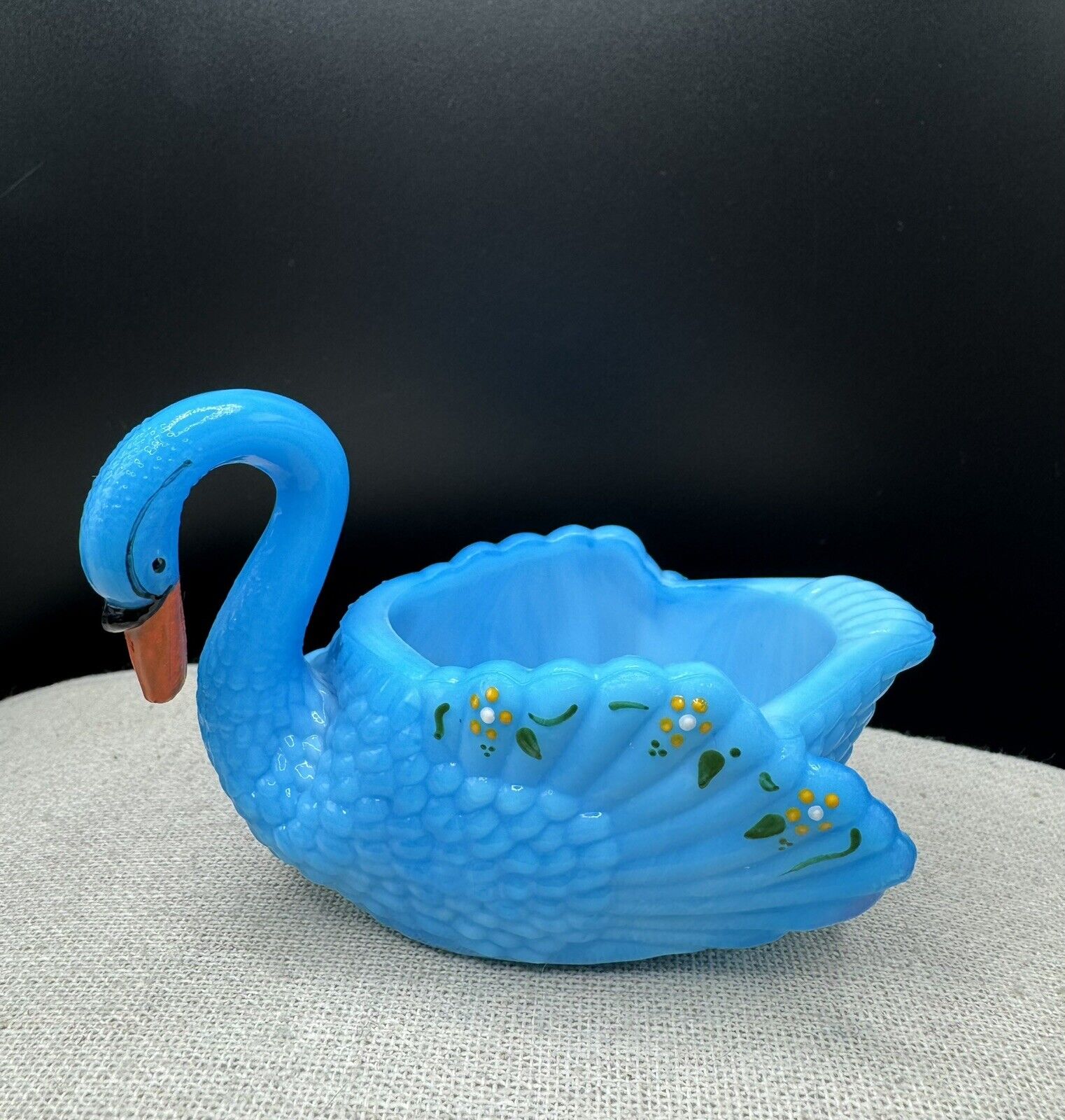 Vintage Boyd Glass Slag Turquoise Blue Hand Painted Swan Open Salt Cellar Dish