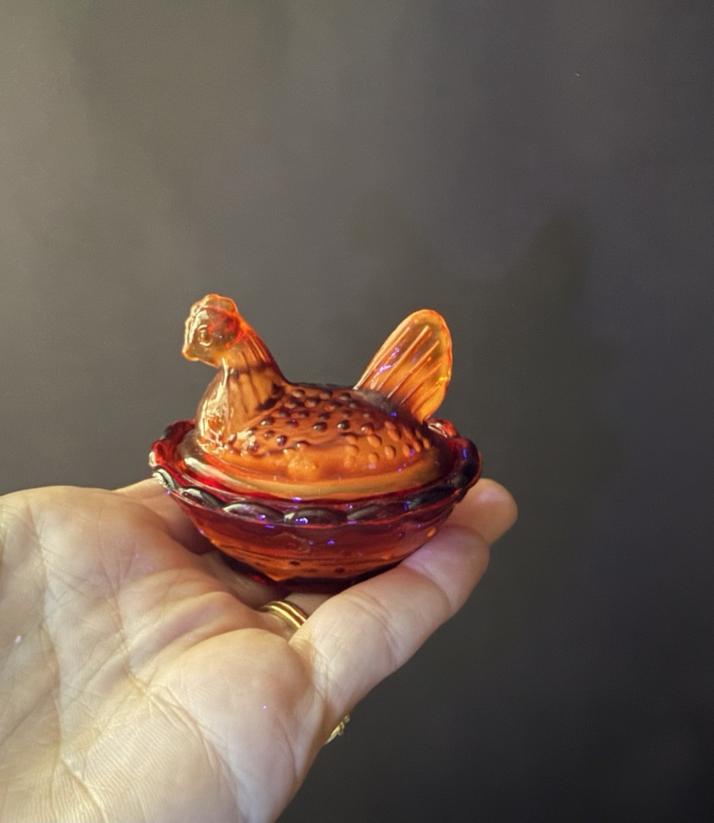 Rose’s Closet Mini Ruby Red Glass Hen on Nest Trinket Salt Cellar Cadmium Glow