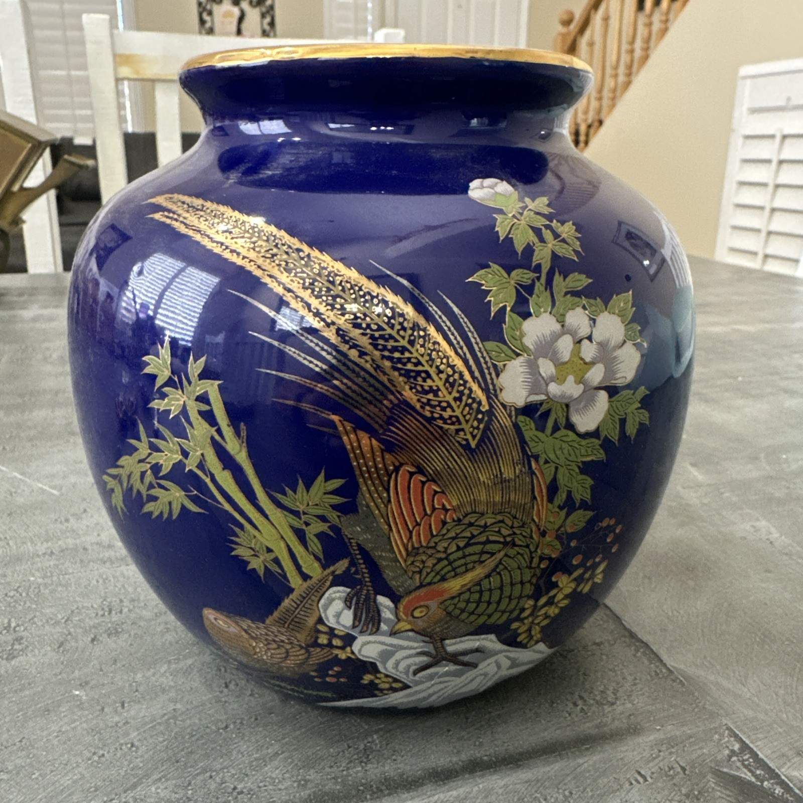 7” Cobalt Blue Peacock/Pheasant/Floral Design Vase with Gold Trim