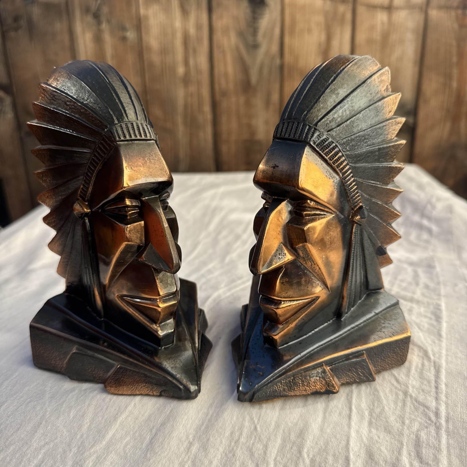 Antique Geometric Art Deco Indian War Chief Art Statue Sculpture Bookends Pair