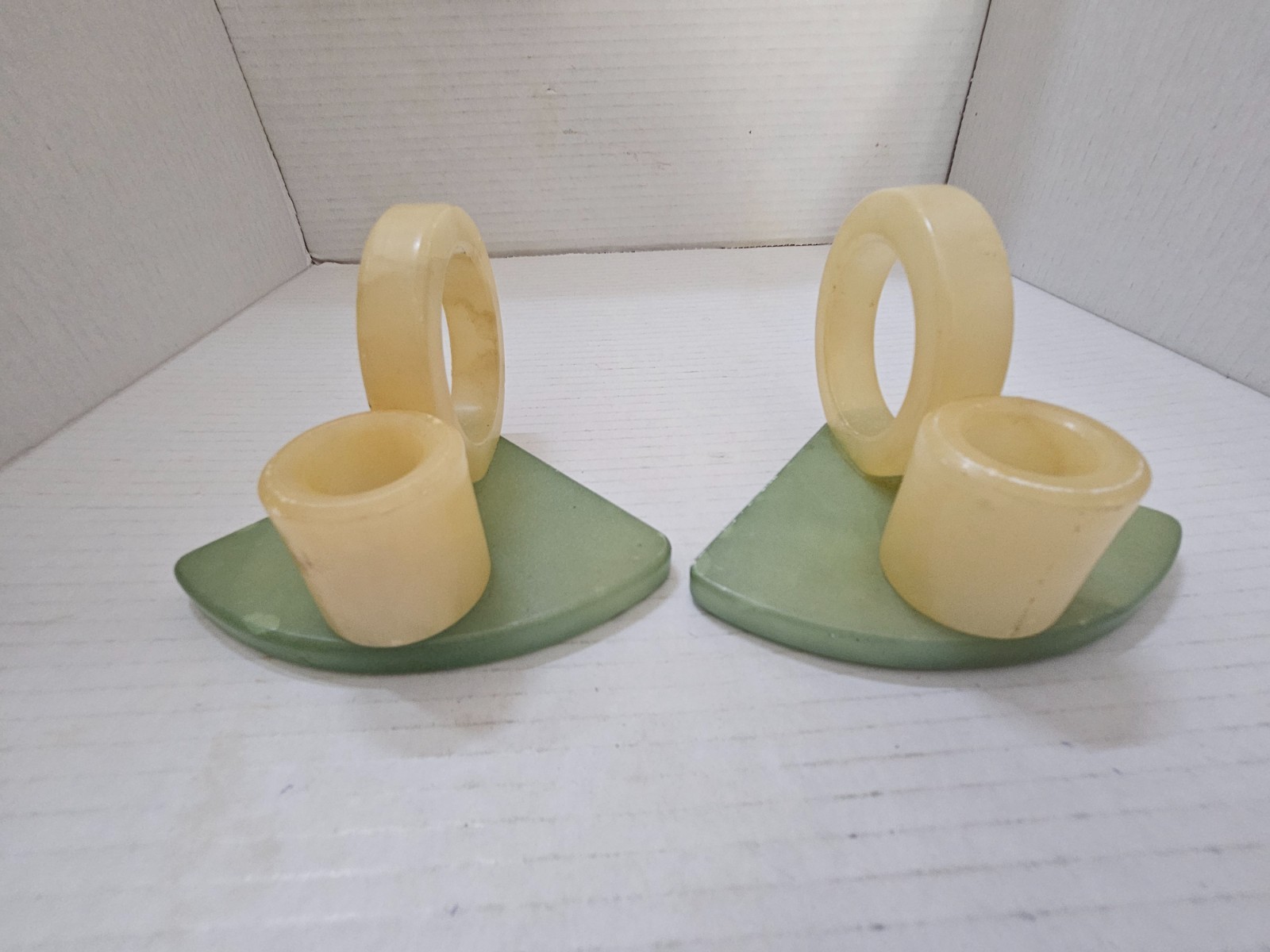 Unique Alabaster Vintage Green & Yellow Candlesticks Candle Holders BEAUTIFUL
