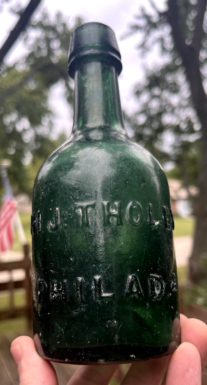 NICE DEEP GREEN SODA BOTTLE PH. J. THOLEY PHILADA IRON PONTIL 1850s ERA DUG L@@K