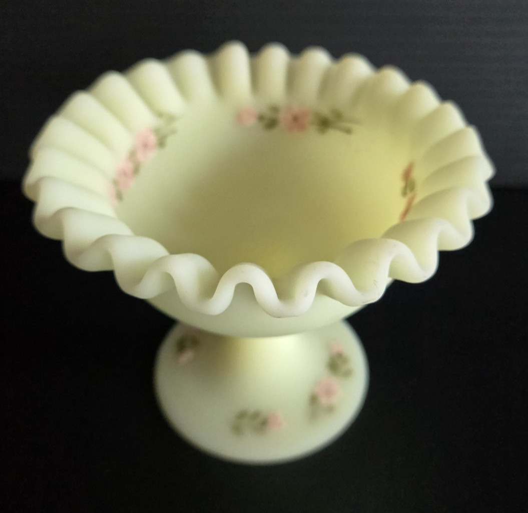 Fenton Uranium Glass Custard, Compote, Candy Dish Hand Painted Flowers