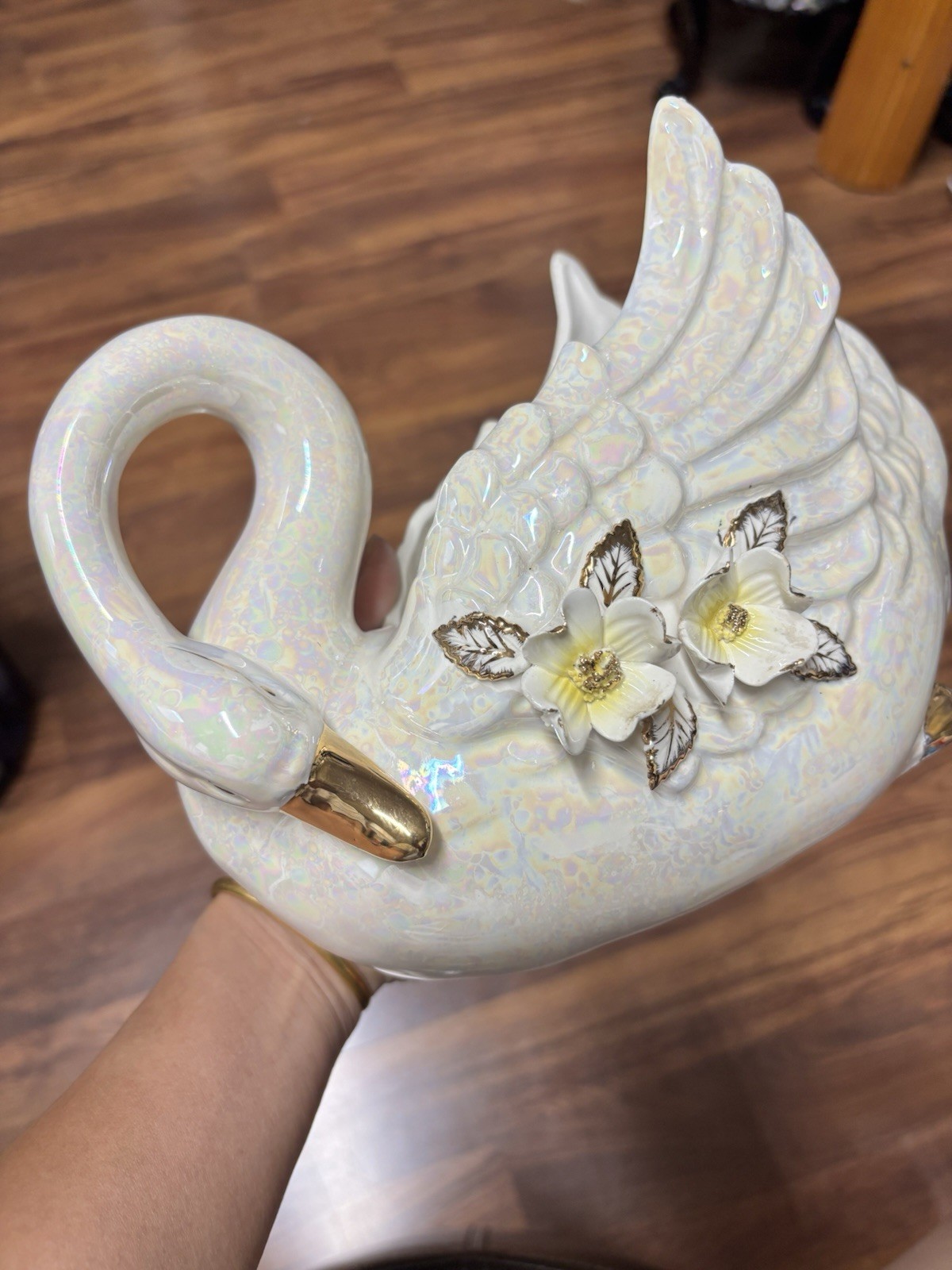 Vintage Iridescent Porcelain Swan Planter Golden Dogwood Japan E696