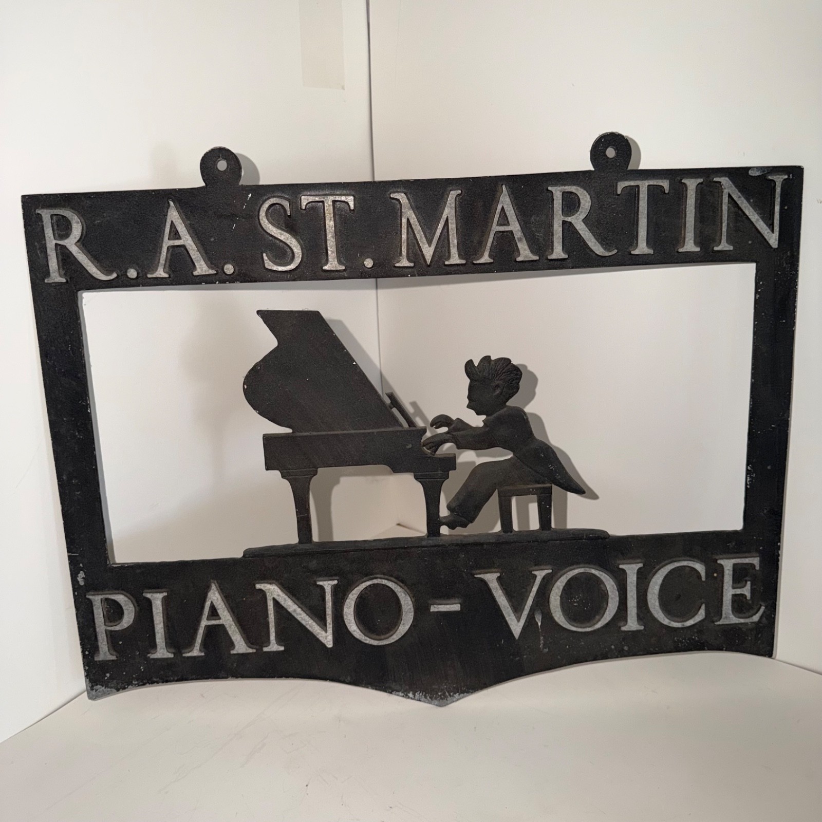 Vintage R.A. St. Martin Piano Voice Cadt Metal Trade Sign Pianist 19 1/2”x14 1/2