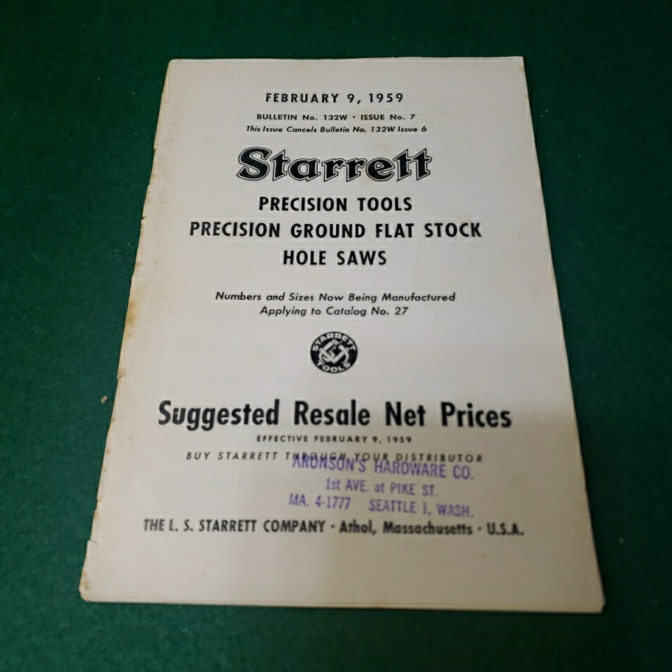 Starrett Precision Tools Price List Feb 9 1959 Issue No. 7 For Catalog 27