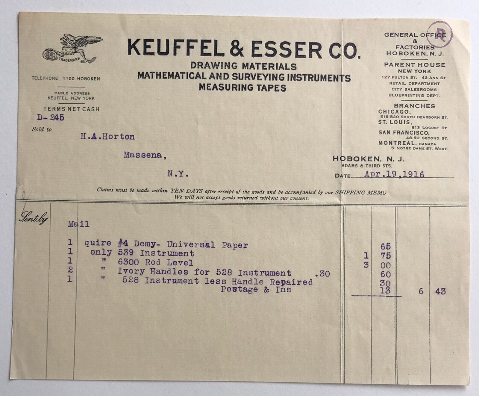 Antique Keuffel Esser Co. Receipt Of Cash Sale H. A. Horton Surveyor 1916 USA