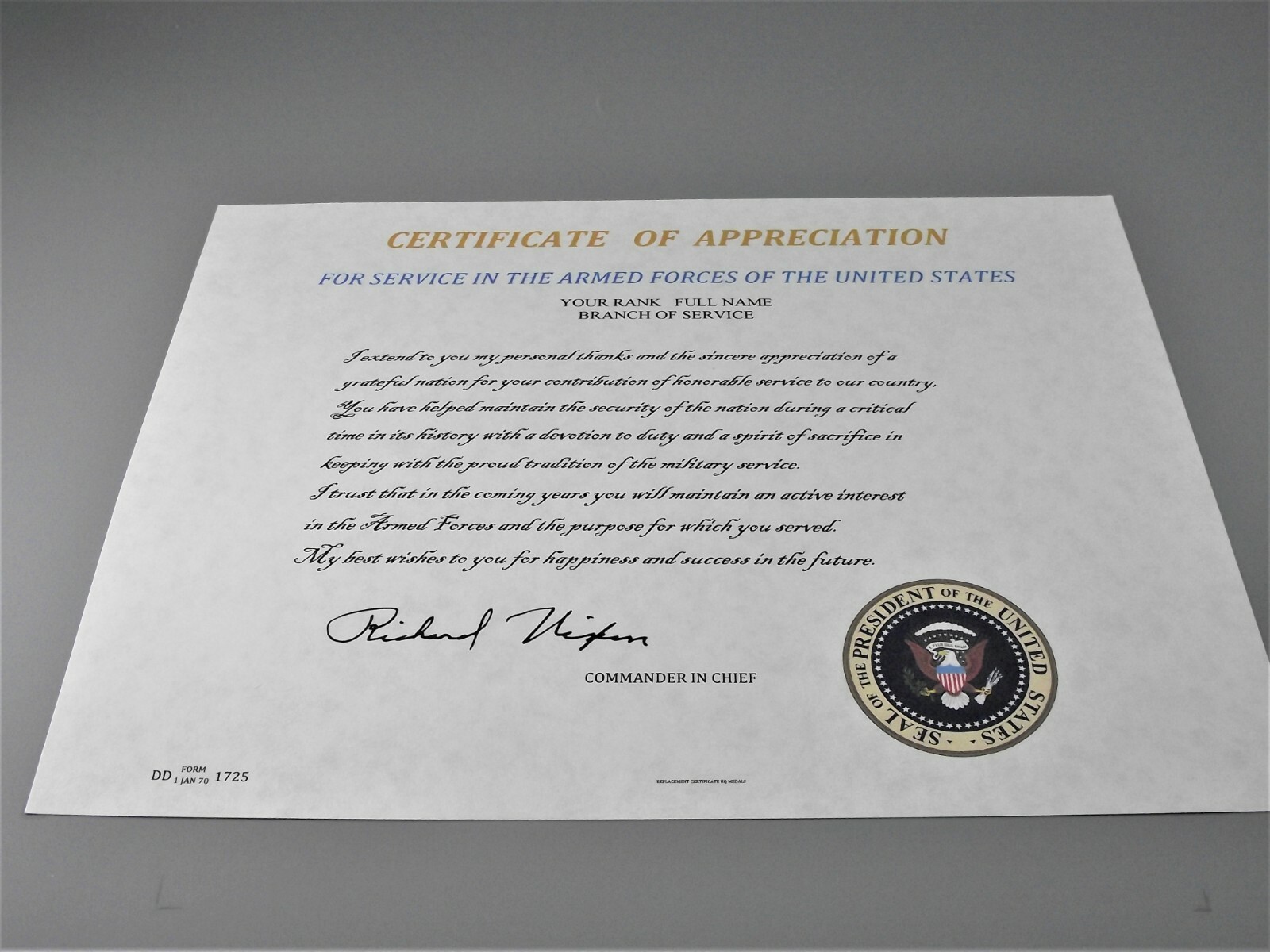 Certificate of Appreciation President Richard M. Nixon Replacement certificate 