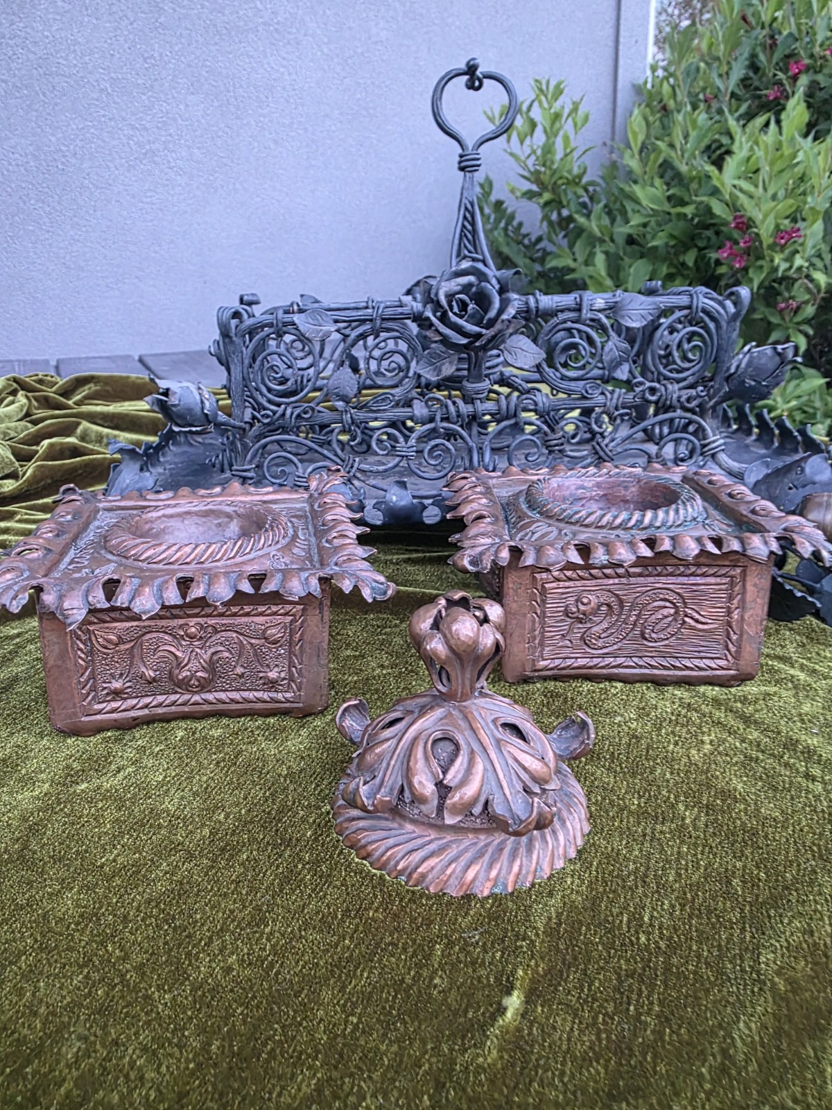 1800s Victorian Copper Double Inkwell, Gothic roses with bell Apothecary symbol 1800s Victorian Copper Double Inkwell, Gothic roses with bell Apothecary symbol