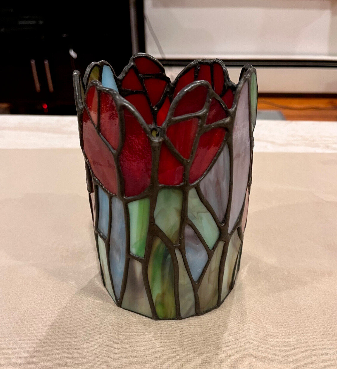 Exquisite MEYDA Vintage 90s Tiffany STYLE Tulips Glass Tealight Votive Holder
