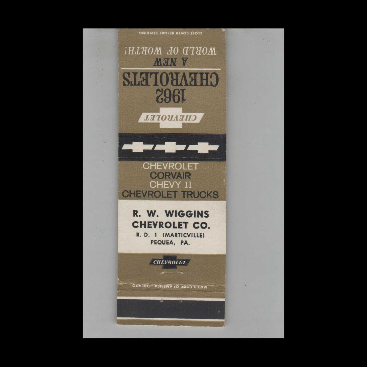 Matchbook Cover 1962 Chevy Dealer R.W. Wiggins Chevrolet Co. Pequea PA
