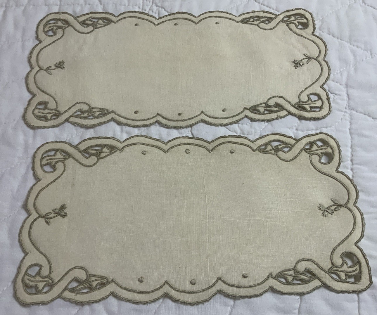 Two Vintage Rectangle Doilies, Linen, Off White & Beige, Scroll & Flower Design