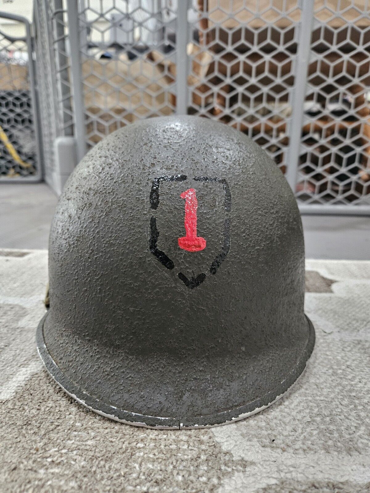 Original WWII M1 Helmet, FS SB with Liner, 1st ID Symbol & NCO Stripe