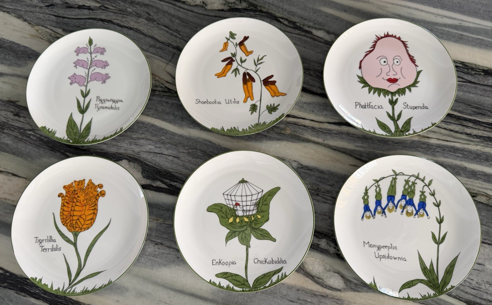 Vintage Edward Lear Nonsense Botany Plates- Set Of 6- NIB Scully & Scully/Japan