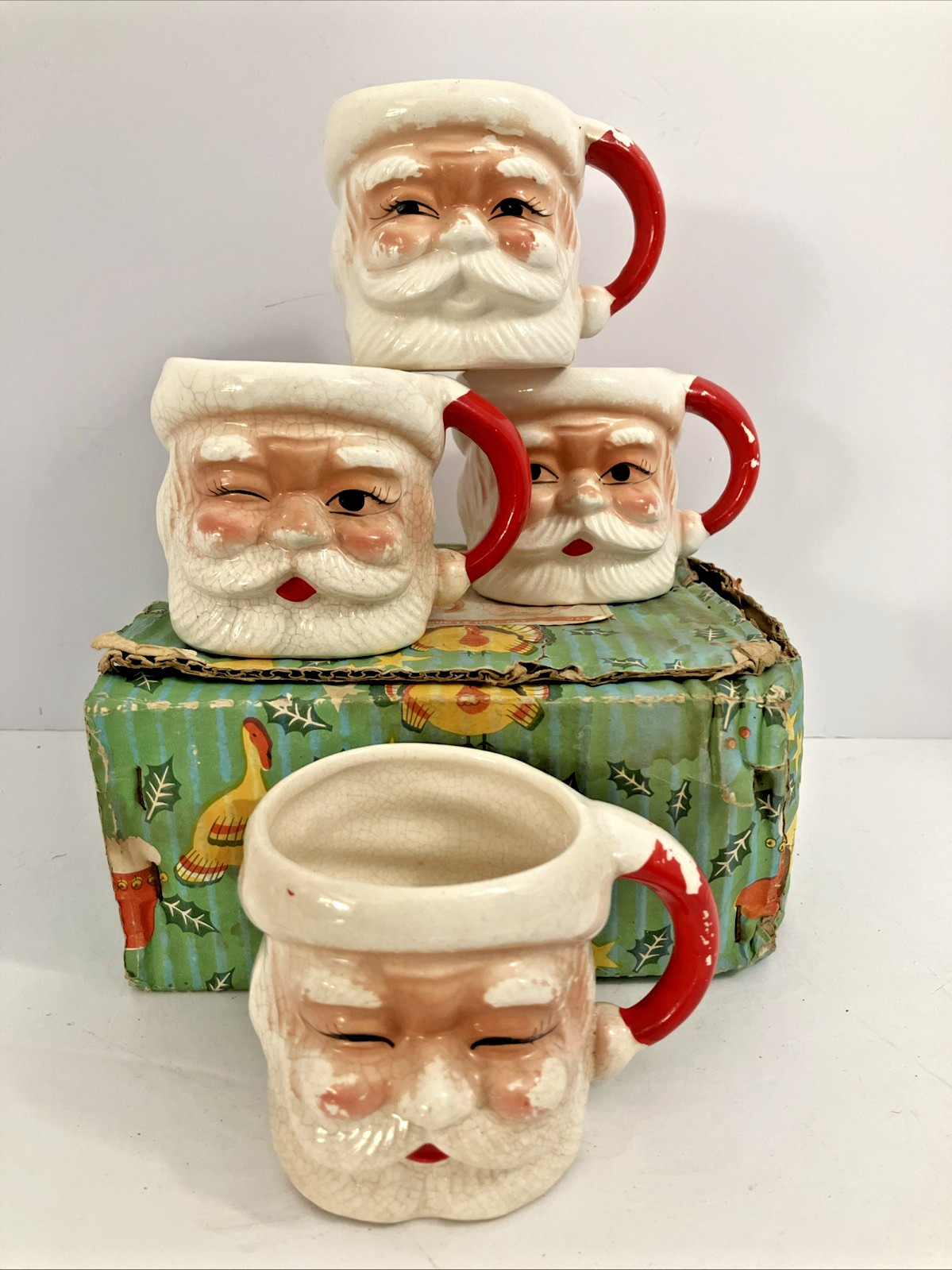 VTG 50/60's Winking Santa Mugs, Set 4 Orig Box Ross Products Japan MCM Christmas