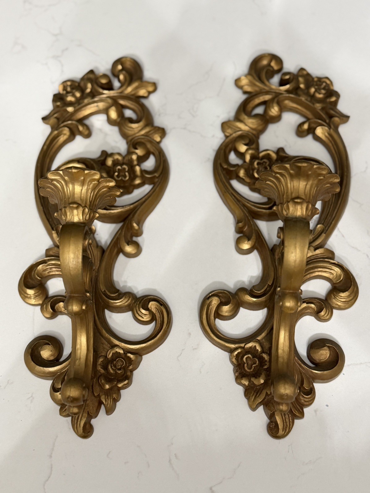 Vintage Pr HOMCO Gold Rococo Hollywood Regency Wall Candle Sconces Holder 1971 