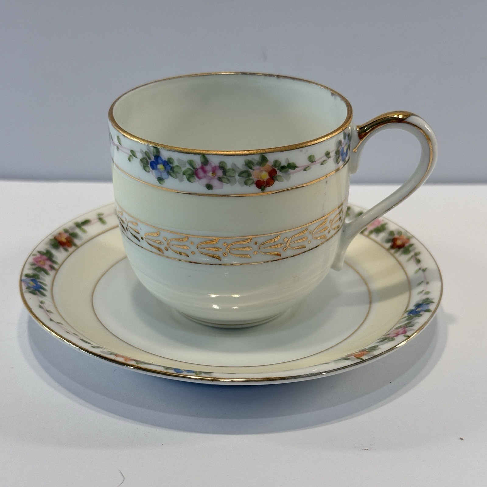 Antique Hand Painted Nippon Rising Sun Floral Teacup Saucer Gold Gilt  Japan