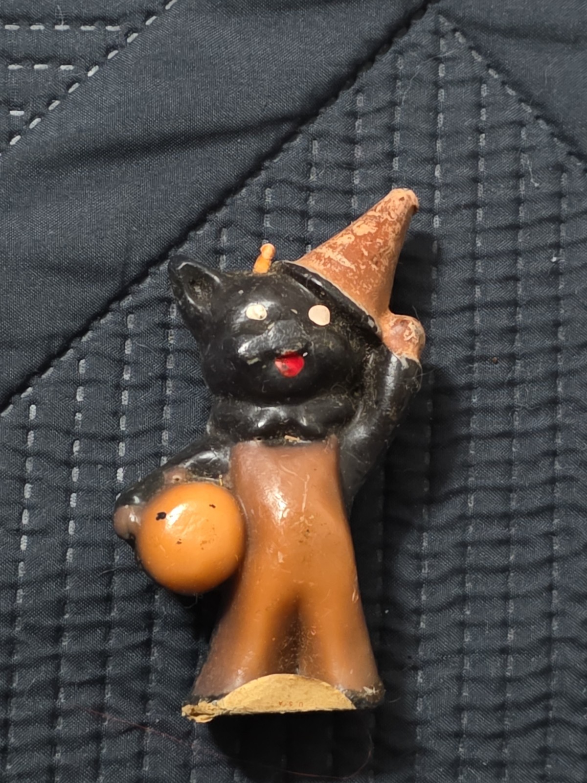 Vintage Gurley Halloween Candle Black Cat in Overalls with Party Hat