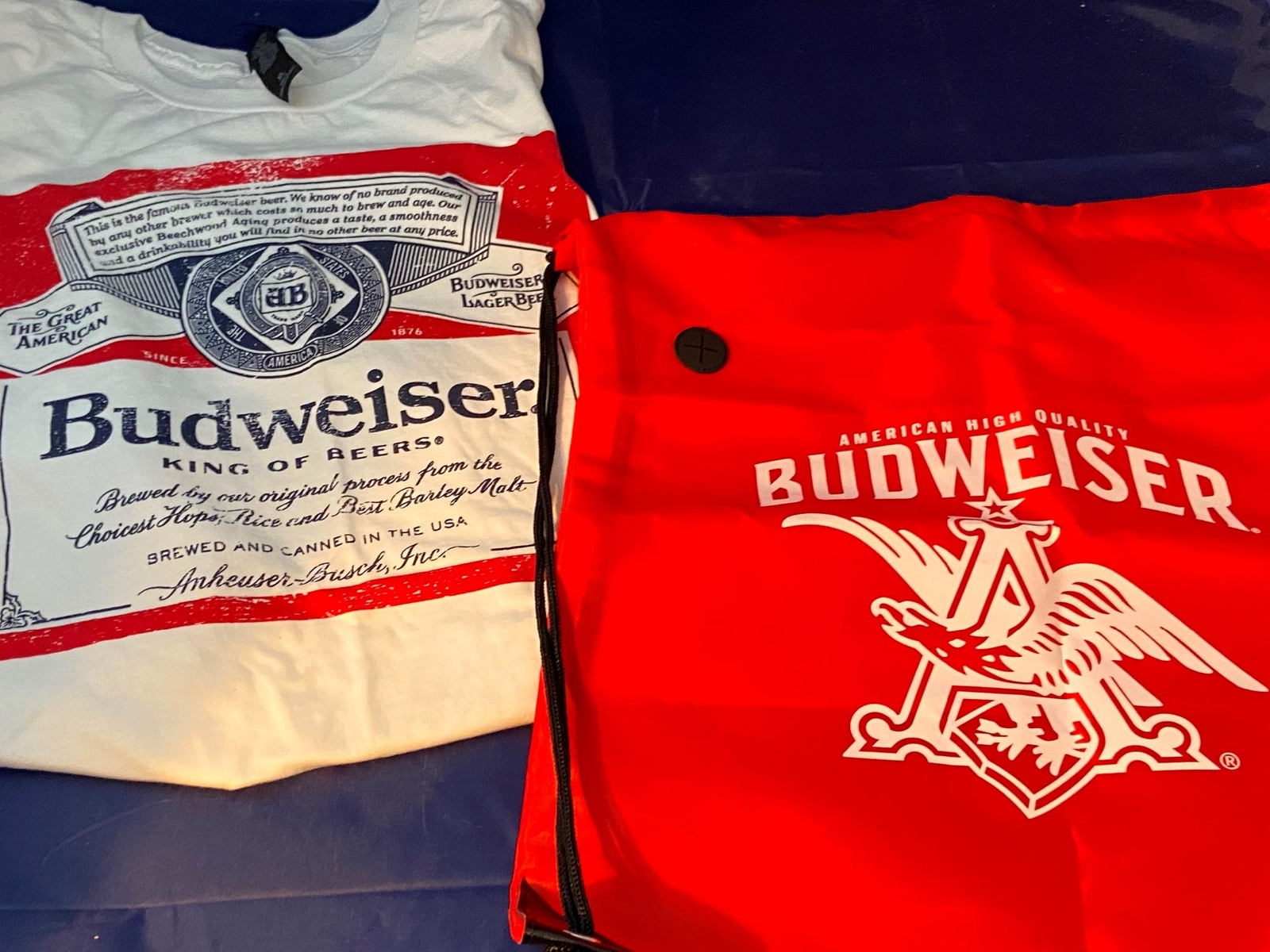 Budweiser Beer Rare Promo T-Shirt & Drawstring Bag Backpack Sz XL White Red New