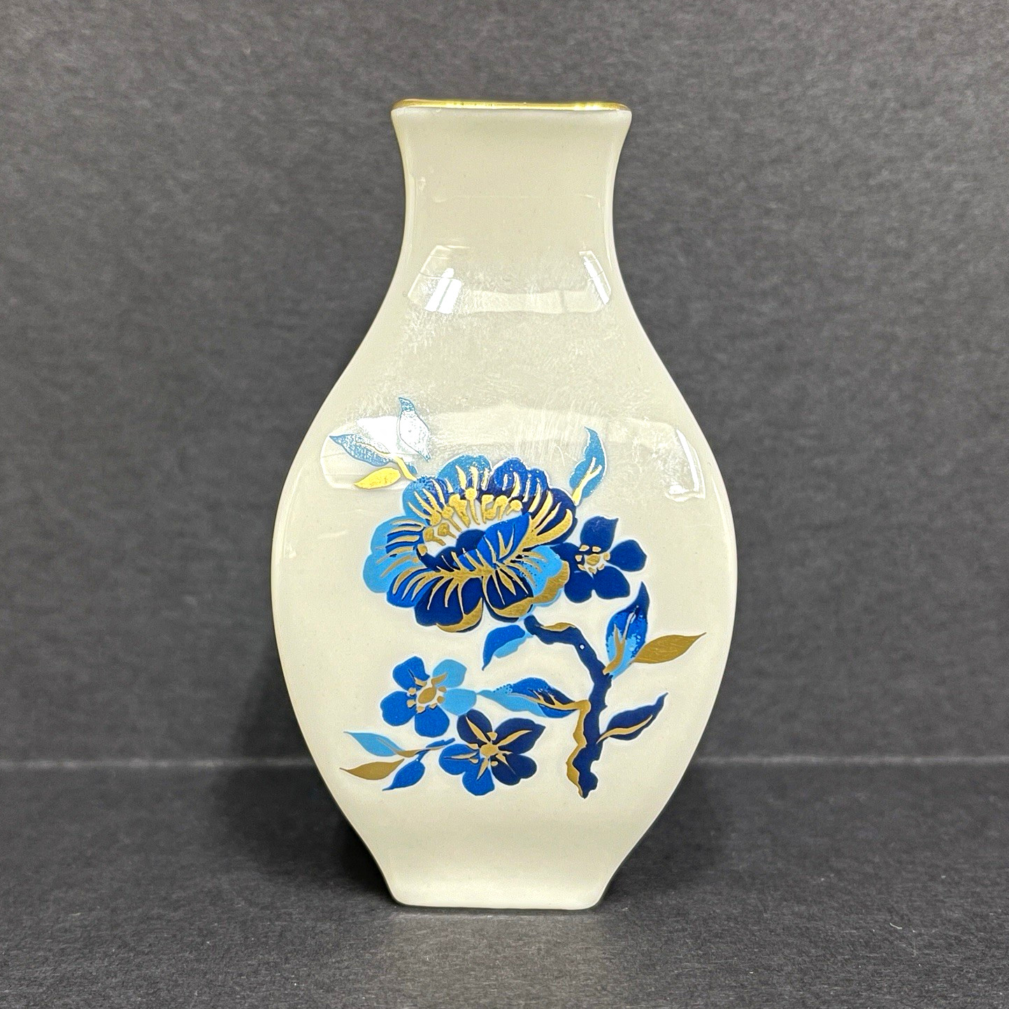 Vintage Lenox Pagoda Small Vase Blue Gold Flowers Cream Made in USA