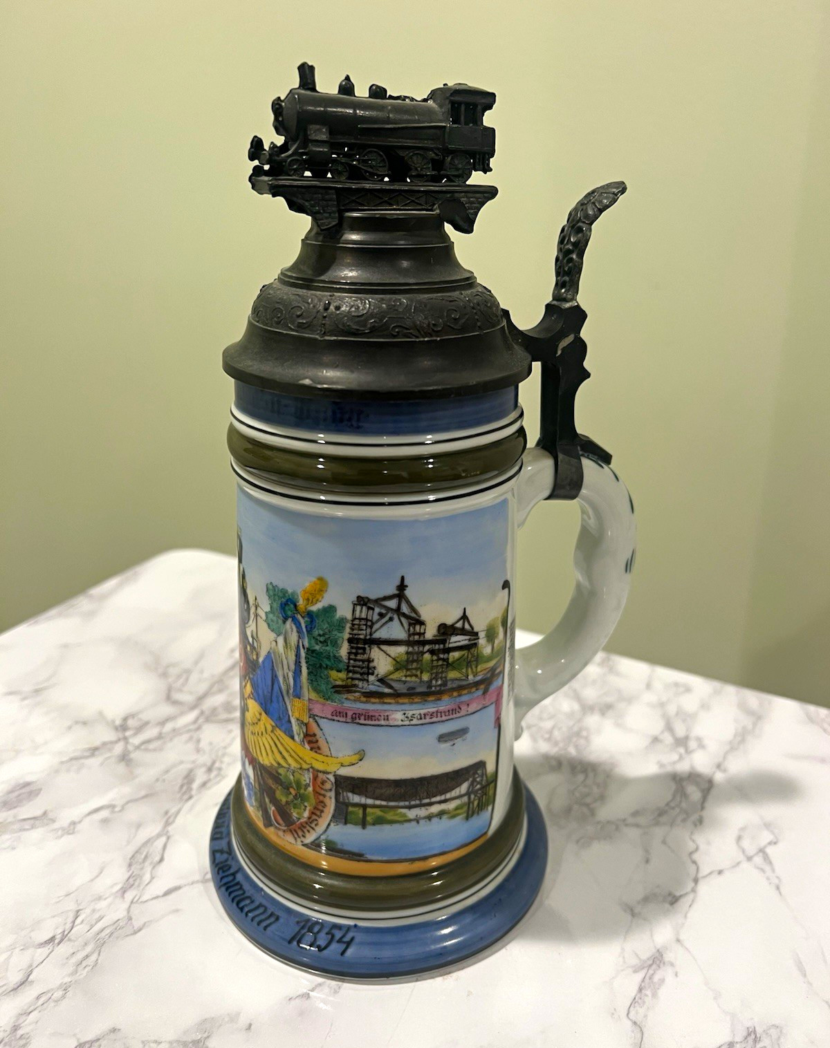 Ludwig Lehmann German Lidded Beer Stein Hinged Pewter Lid Train Topper 1854