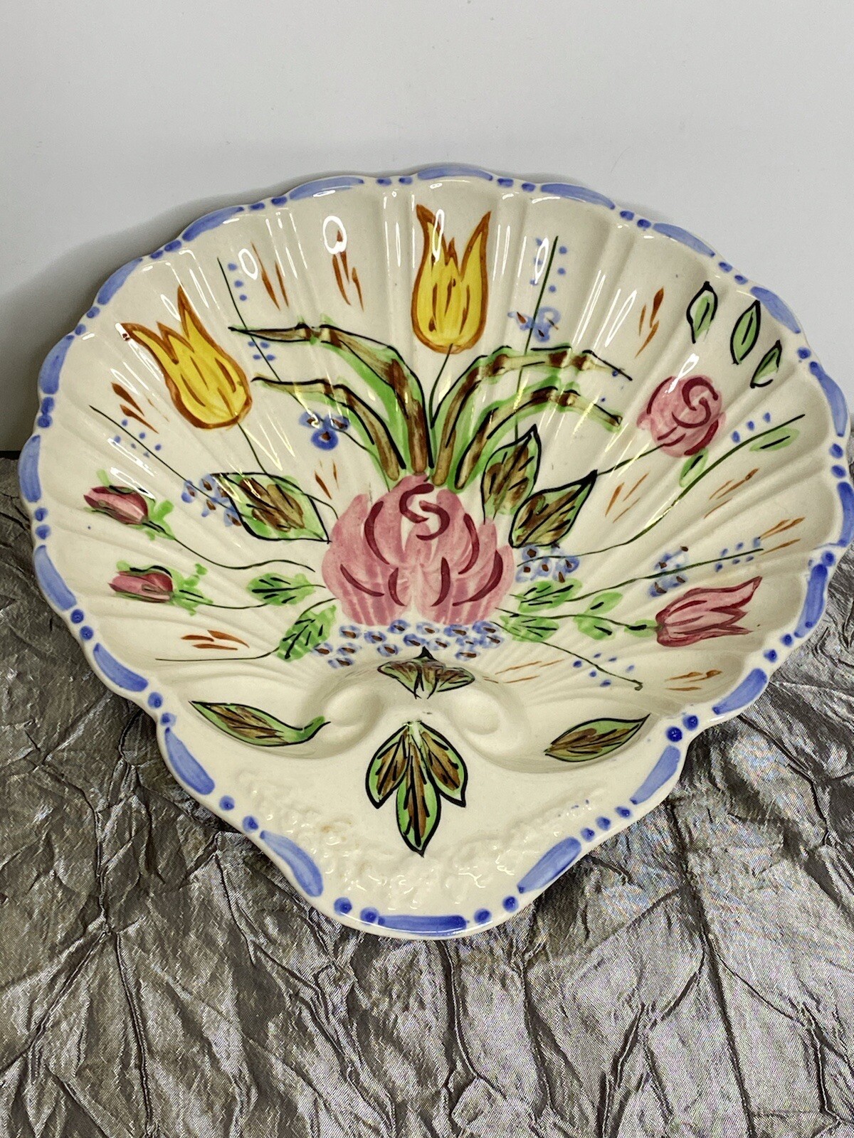 Vintage Nova Rose Scallop Shell Shape Trinket Dish Blue Ridge Handpainted