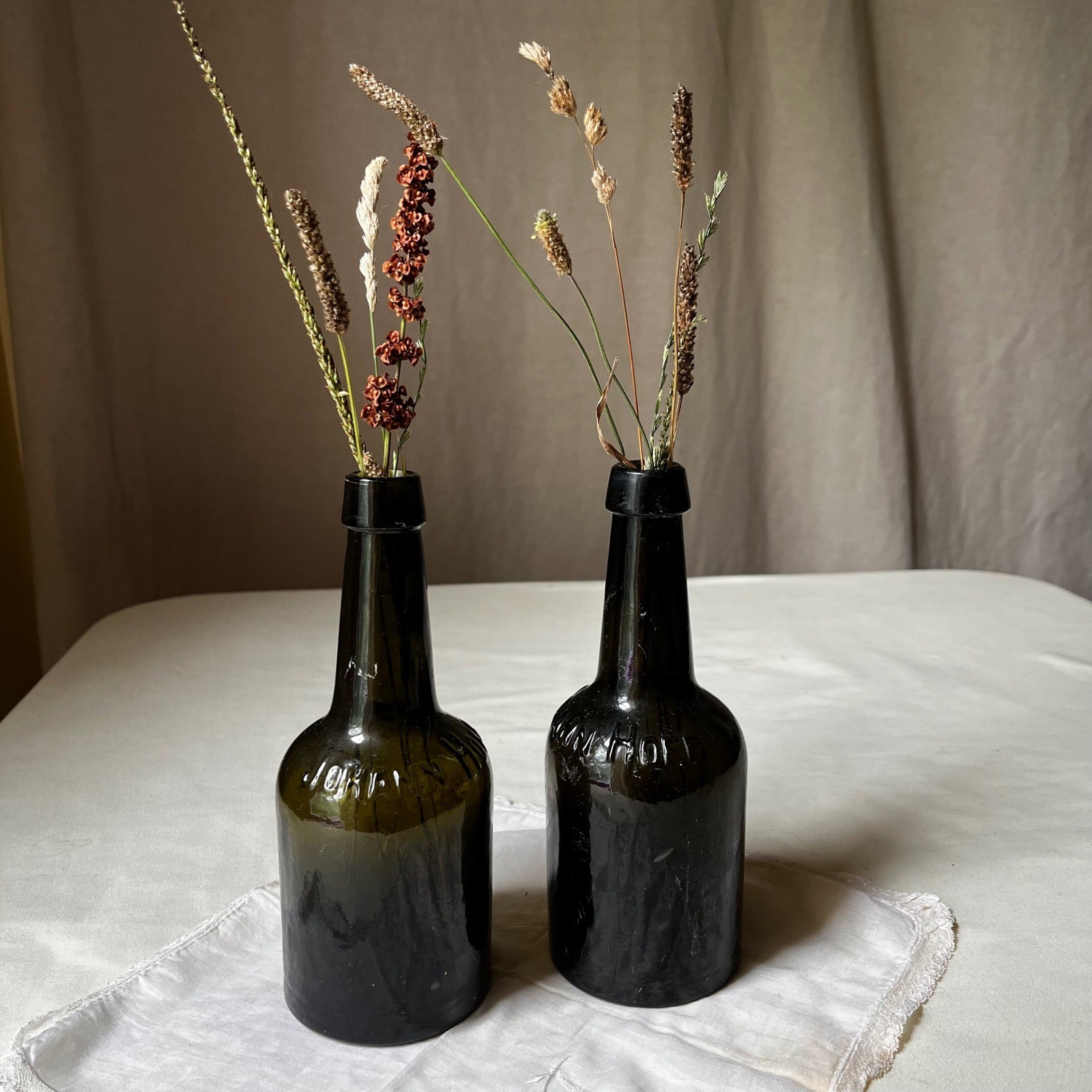 Pair Antique Johann Hoff Malt Extract Bottles Dark Olive Green Glass 1800s