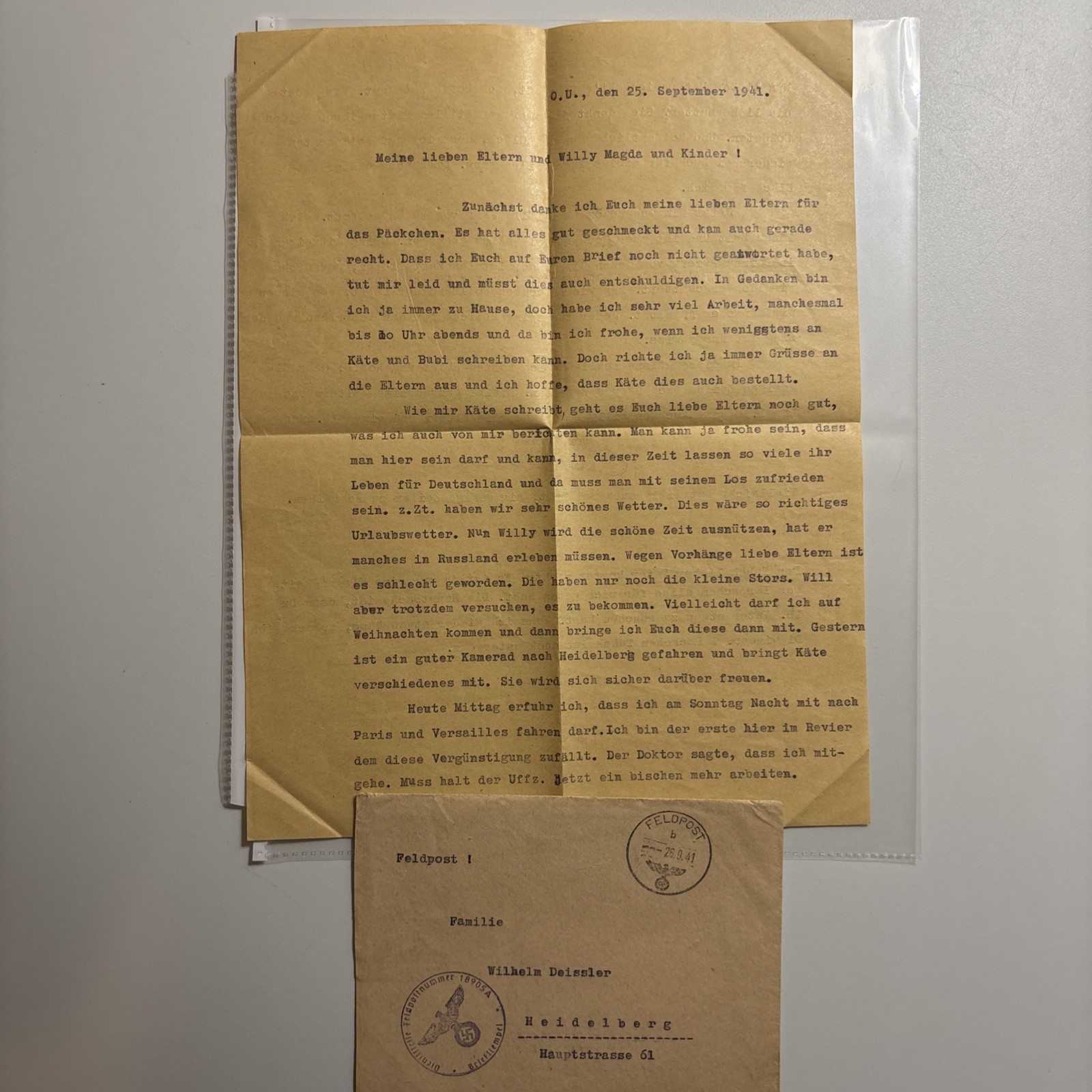 WWII German Feldpost Letter 1941 Eastern Front Paris Versailles Translation
