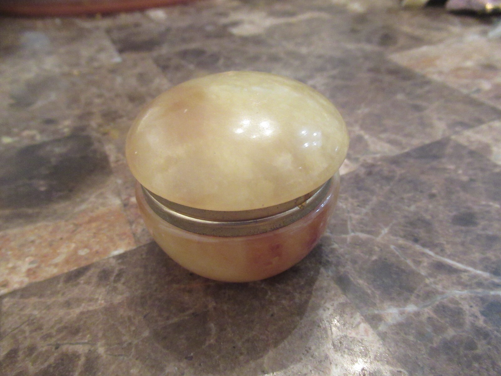Vintage GSE Ottone Garantito Alabaster Vanity Trinket Box Round Powder Hinged 