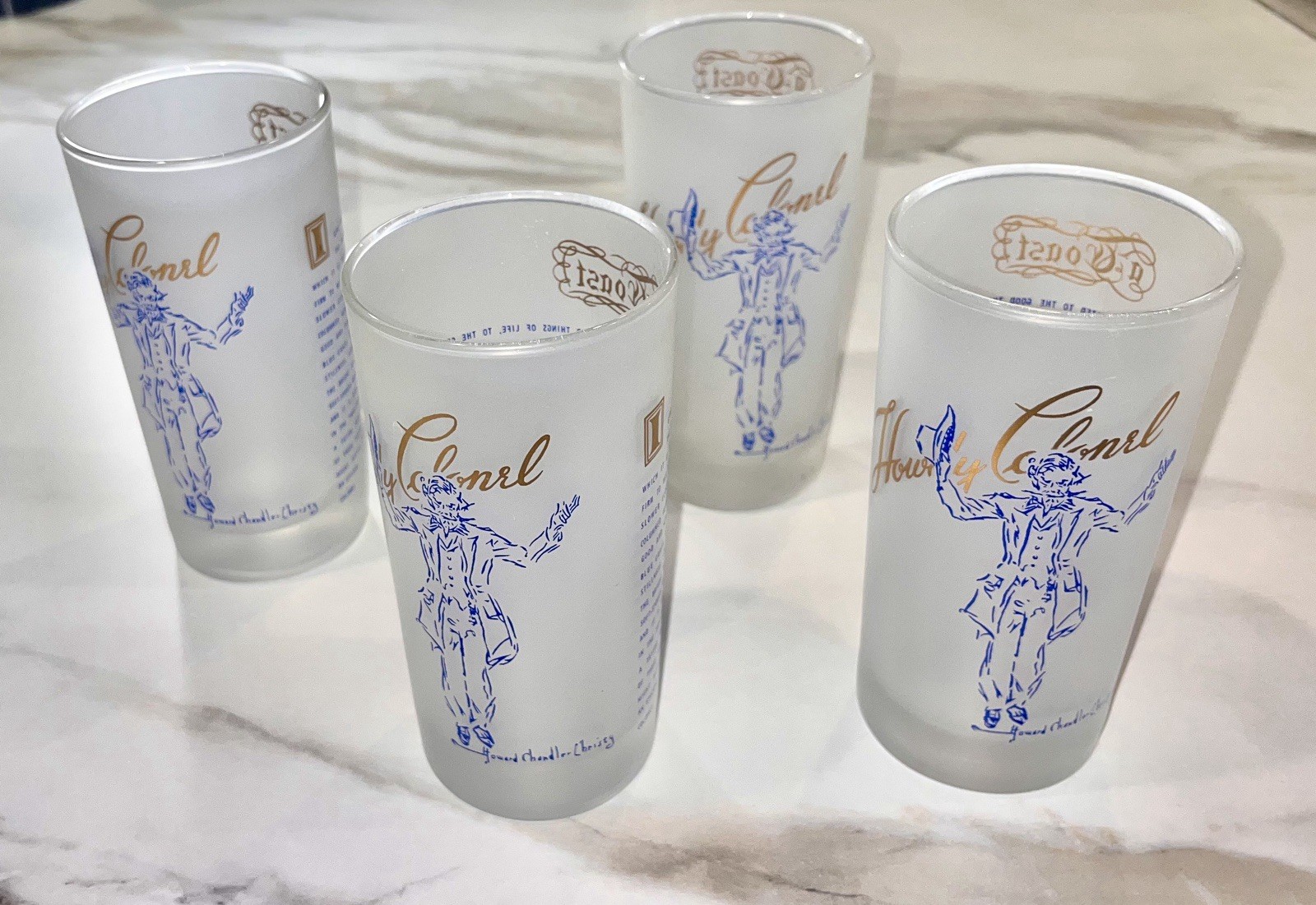 Vintage Howdy Kentucky Colonel Frosted Glasses Set-4 Pieces Mint