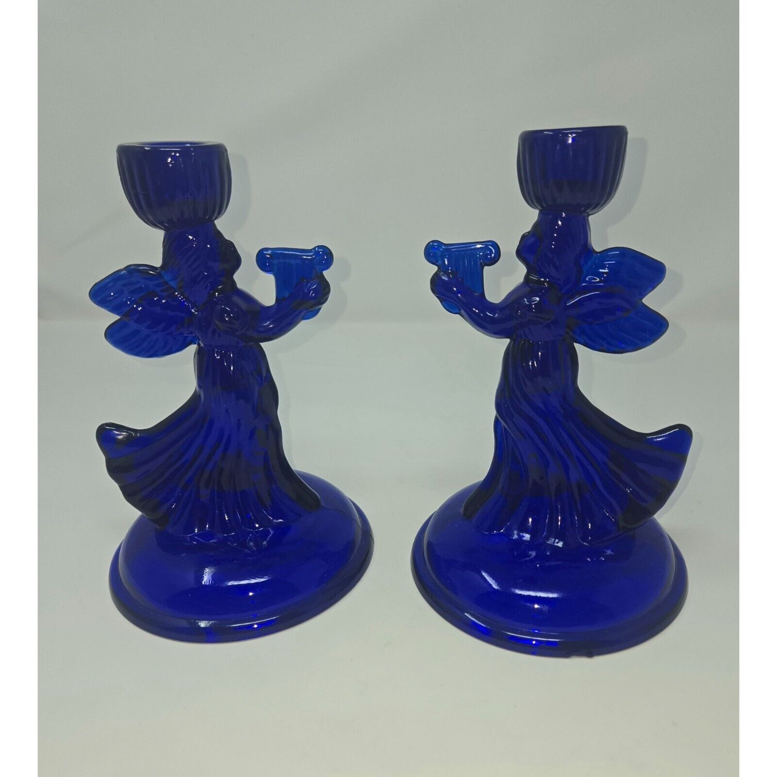 Vintage Cobalt Blue Glass Angel Candle Holders