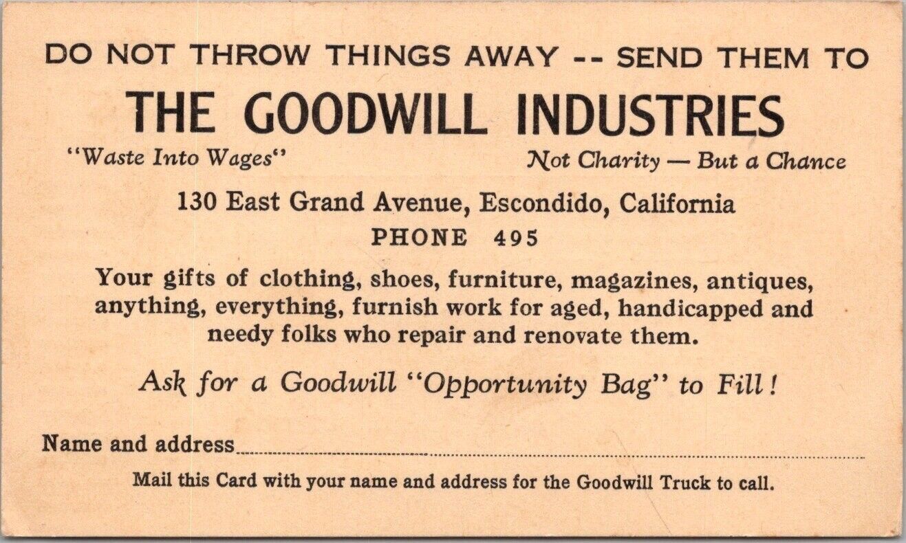 ESCONDIDO California Charity Advertising Postcard GOODWILL INDUSTRIES c1950s