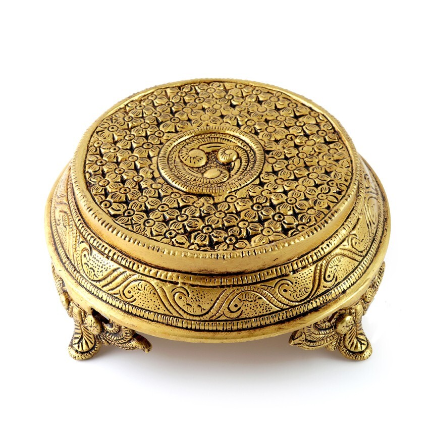 Ethnic Indian Handcrafted Round Brass Chowki with 4 Carved Legs Ethnic Indian Handcrafted Round Brass Chowki with 4 Carved Legs
