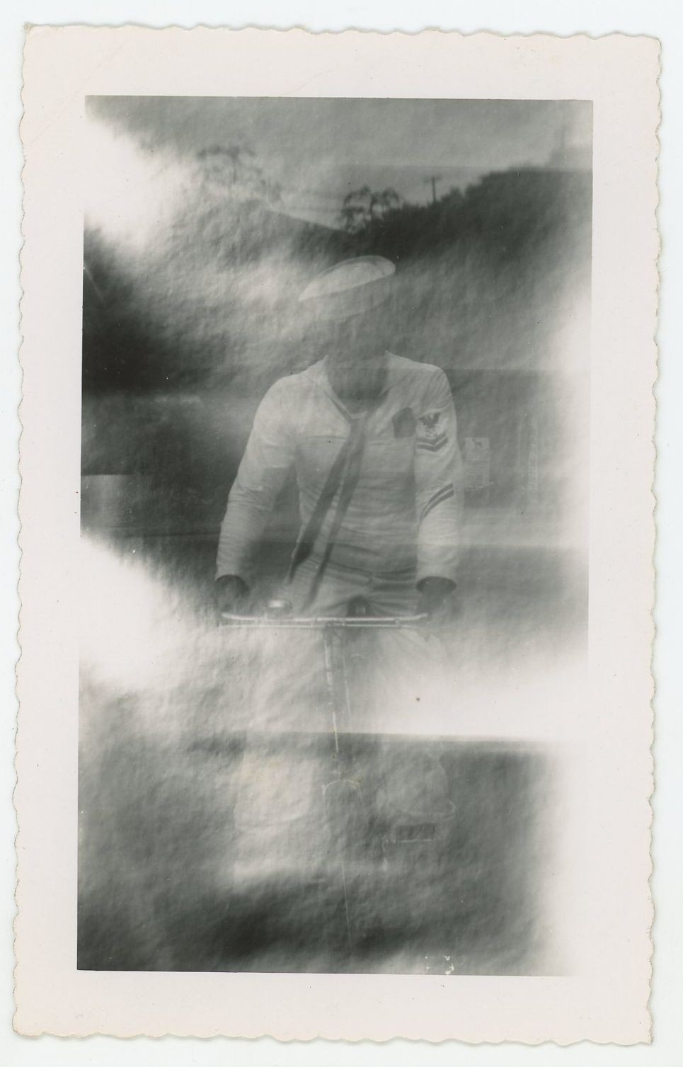 Double Exposure Ghostly Navy Sailor Bicycle Blurry Vintage Photo 1940s