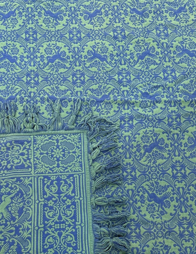 VTG Brentwood Originals MCM Knit Bedspread Green & Blue W/ Cherubs Sz Full
