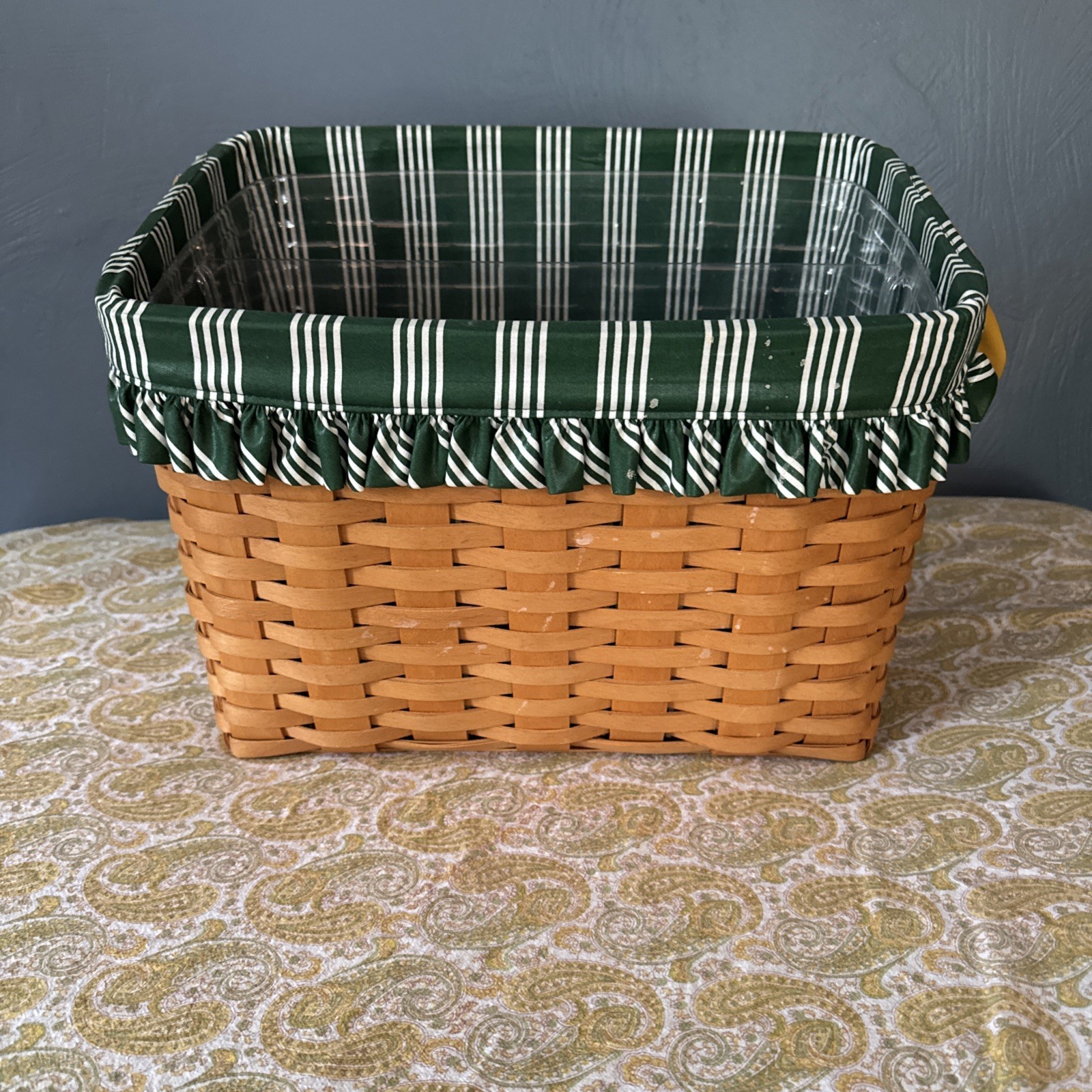NICE Longaberger Newspaper Basket Divided Protector and Greeb Stripe Liner 