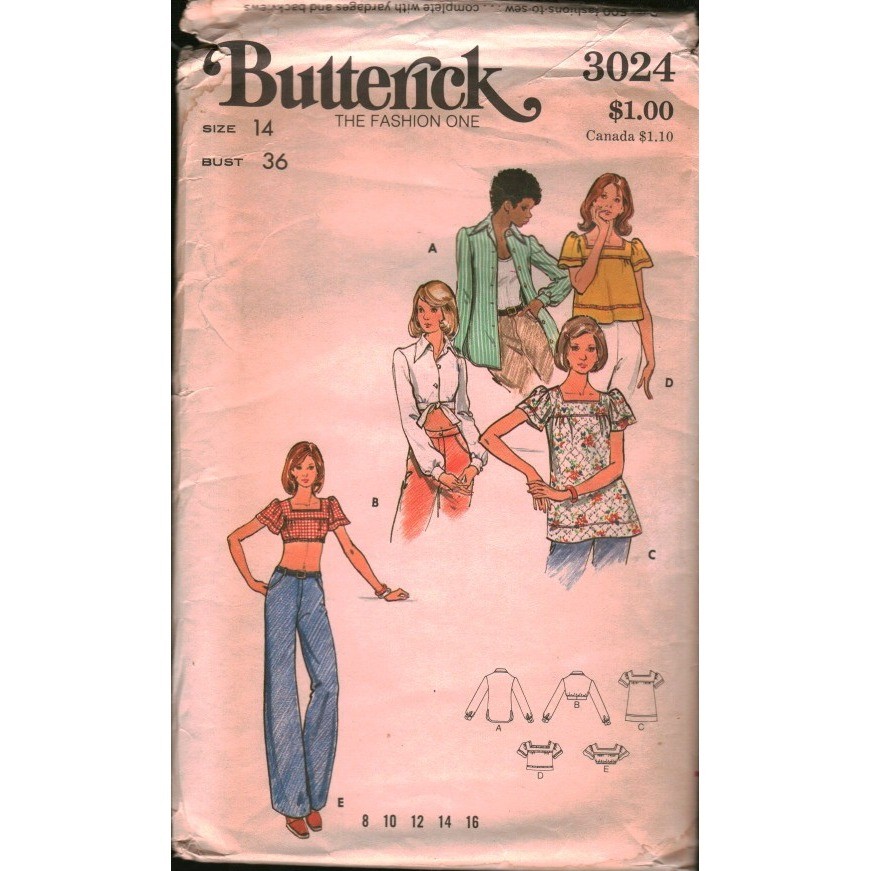 Vintage Butterick 3024 Sewing Pattern 70s Misses Tops Smock Size 14 Bust 36