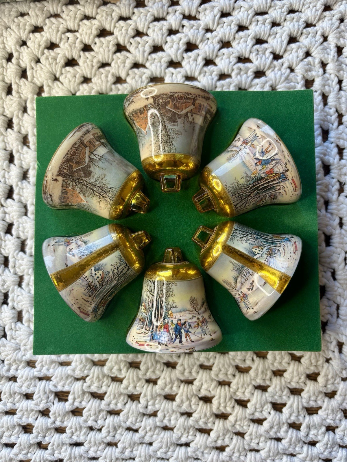 Vintage Currier And Ives Bell Ornaments 6 Gold Tone Winter Scenes, Original Box