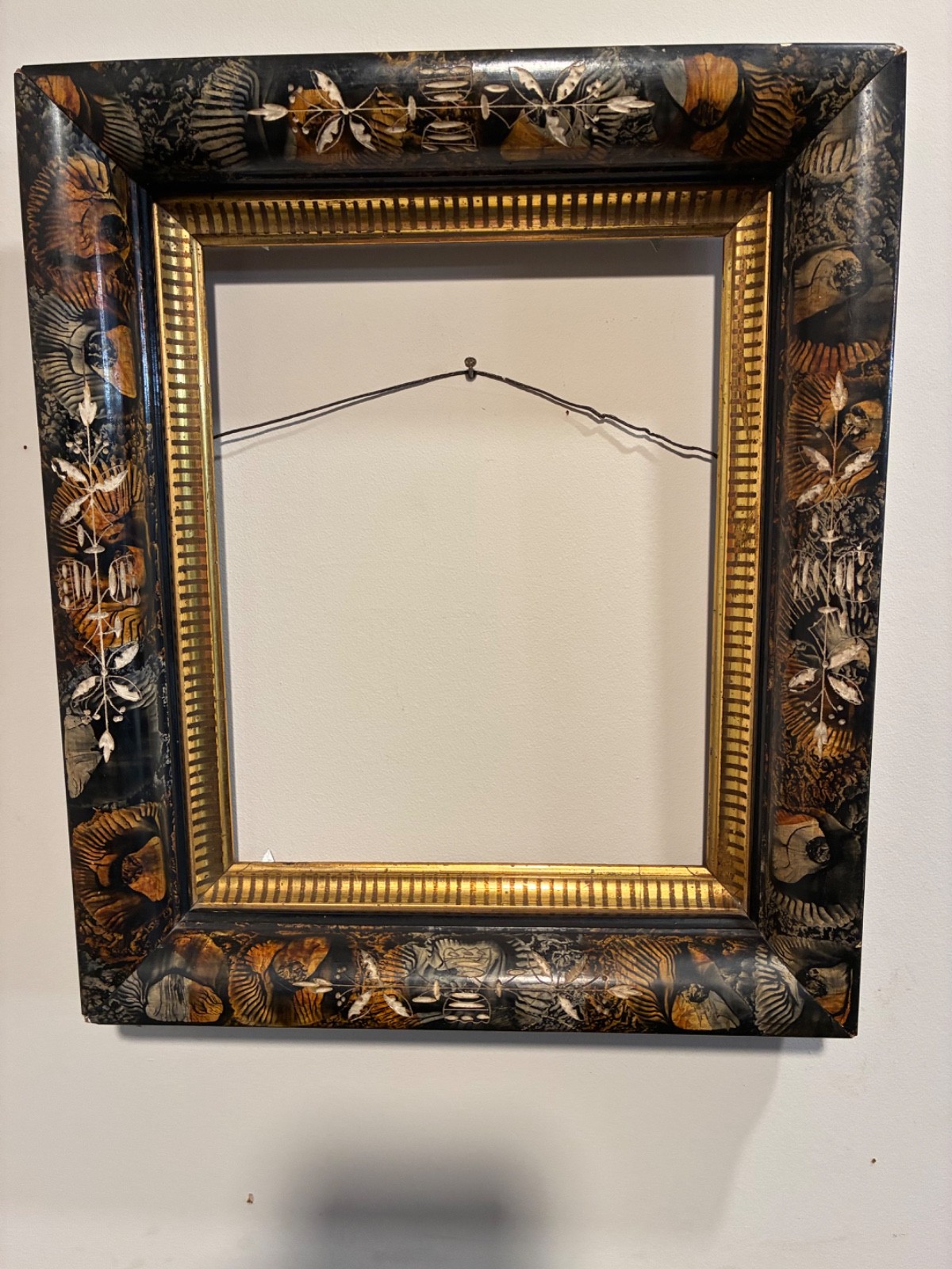 Antique Victorian Deep Well Picture Frame Black Lacquer inlay Gilt Gold 8 x10