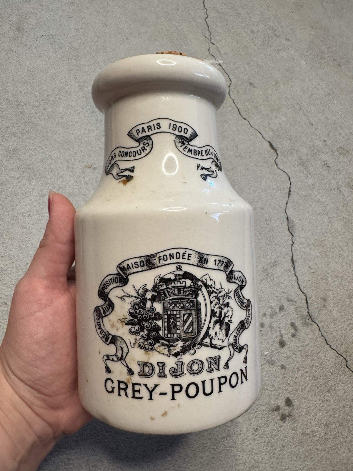 Vintage French Grey-Poupon Dijon Ceramic Mustard Pot Jar w/ Cork Stopper